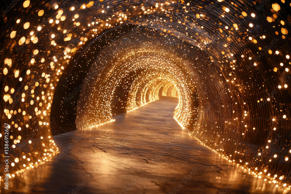 Poster A magical tunnel illuminated with countless warm lights, creating a mesmerizing and enchanting pathway.