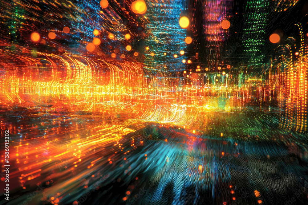 Poster abstract cityscape at night, vibrant light trails and bokeh blur create a dynamic, energetic visual.