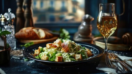 A fresh Caesar salad with romaine lettuce, croutons, and parmesan. Featuring crispness and flavor