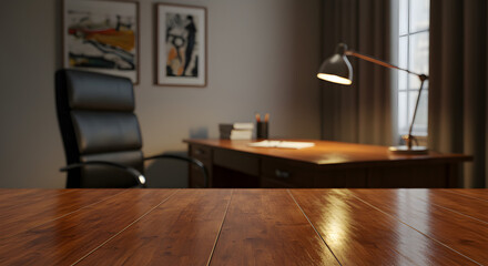 Executive Office Interior with Wood Desk Black Leather Chair and Modern Lamp