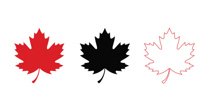 Three stylized maple leaves in red, black, and white.
