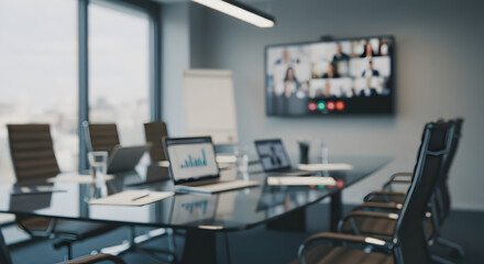 Empty Meeting Room with Online Video Conference on Screen and Modern Furniture