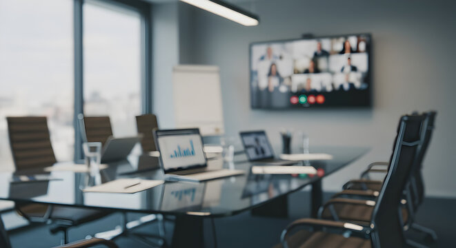Empty Meeting Room with Online Video Conference on Screen and Modern Furniture