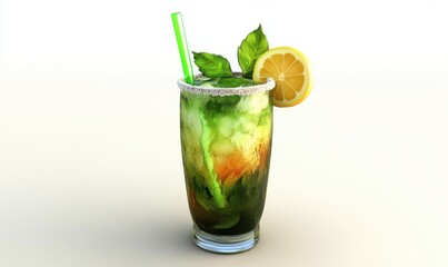 Fototapeta premium Iced mint lemonade drink, summer refreshment, white background, studio shot, ideal for menu