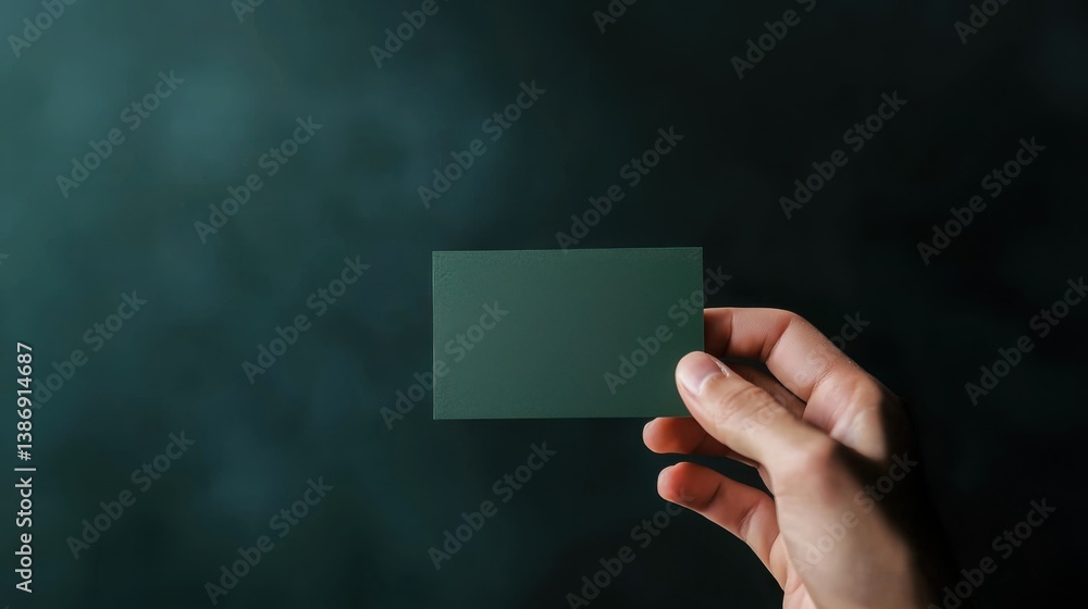Poster person holding a business card featuring a green design emphasizing professional networking and iden
