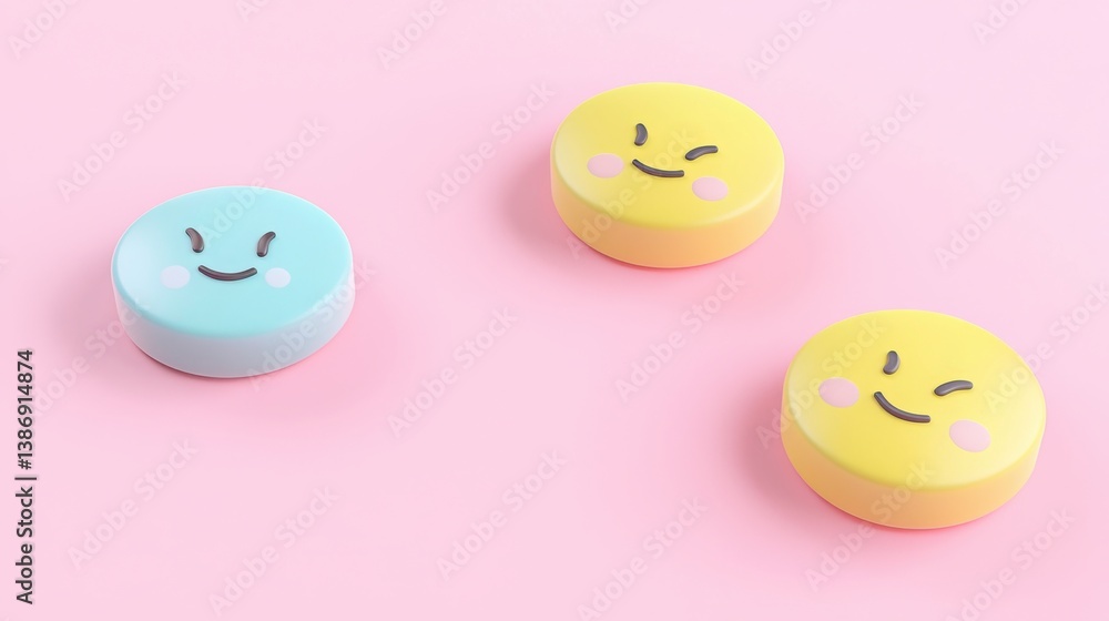 Poster isometric customer feedback buttons featuring two smiley faces on a pink background representing use