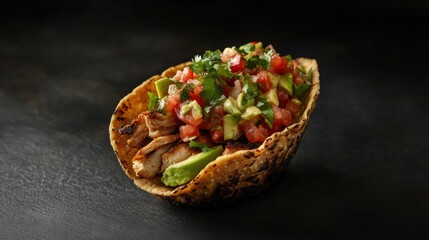 A fresh, colorful taco filled with grilled chicken, salsa, avocado, and cilantro. Featuring bold flavors and variety