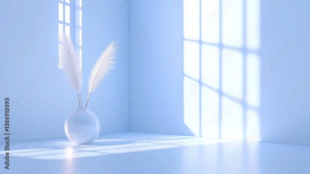 Poster isometric view of a stylish vase with a feather displayed in an elegant indoor space with minimalist