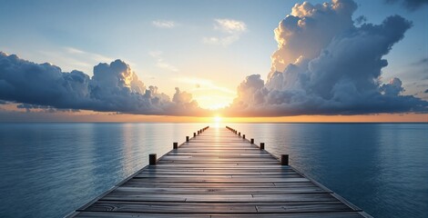 Obraz premium Wooden pier leads into tranquil sea under dramatic sunrise sky with large clouds, realistic style, ocean background, concept of travel and peaceful journey. Ai generative