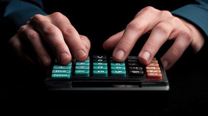 Calculating money management in personal finance home office image of hands on calculator dark background