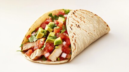 A fresh, colorful taco filled with grilled chicken, salsa, avocado, and cilantro. Featuring bold flavors and variety