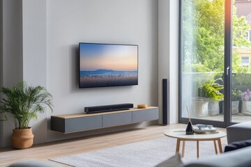Modern living room with sleek television mounted on wall, stylish furniture, soothing color palette, and bright natural light