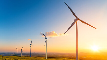 Obraz premium row of wind turbines stands majestically on countryside hill at sunrise, harnessing renewable energy from gentle breeze. sky is painted with warm hues, creating serene atmosphere