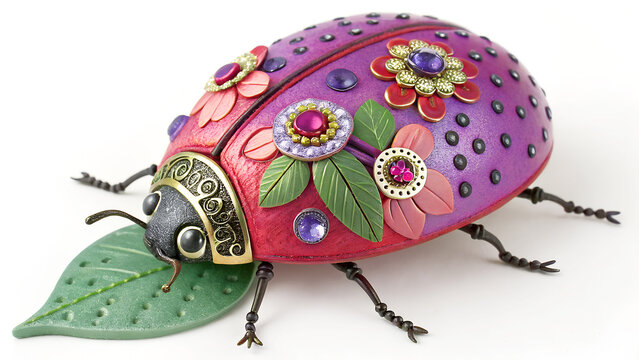 Ladybug's Botanical Adornment: A handcrafted, ornamental ladybug figurine perches on a faux leaf, its shell artfully embellished with floral and jewel accents. - Powered by Adobe