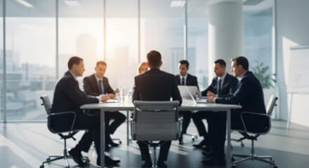 Corporate Business Meeting with Executives Around a Conference Table in a Modern Office with Natural Lighting and City View