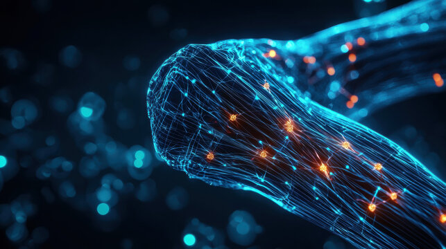 image depicts digital representation of muscle fibers highlighting sarcopenia aging with glowing nodes lines