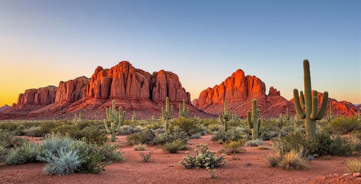 Majestic desert scene showing towering cacti and red sandstone mountains at sunset, in a natural landscape background, symbolizing travel and adventure. Ai generative