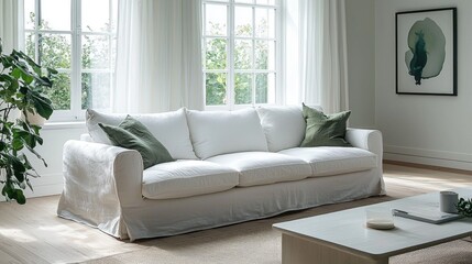 Fototapeta premium Elegant white sofa in bright, airy living room with natural light and modern decor enhances comfort and style for serene ambiance
