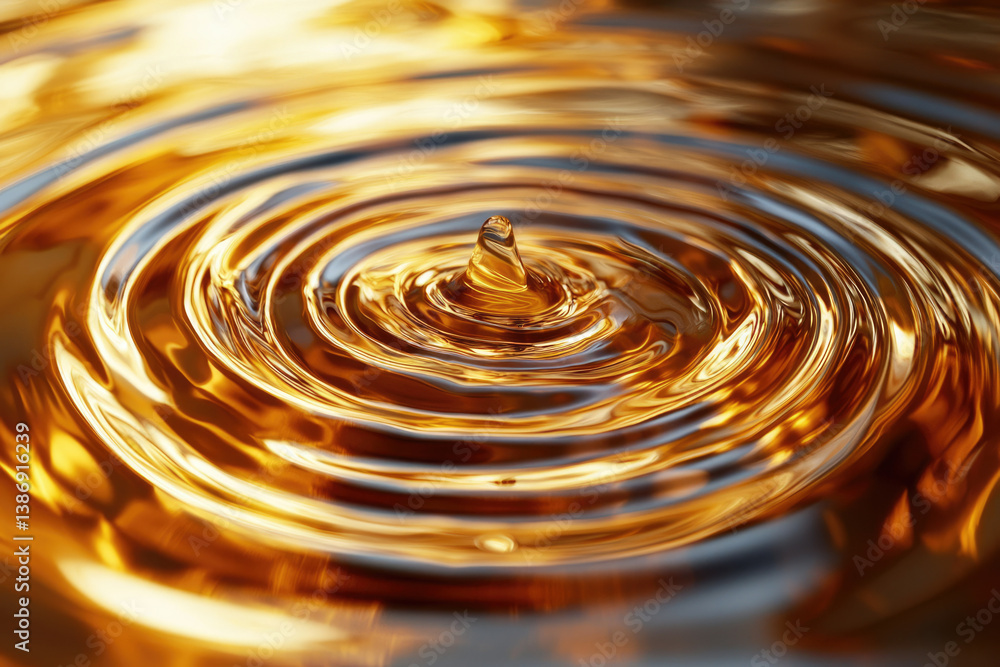 Poster a golden liquid droplet creates concentric ripples, reflecting light in mesmerizing patterns.