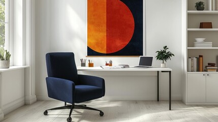 Cozy modern home office with stylish furniture, vibrant wall art, and natural light, designed for productivity and comfort