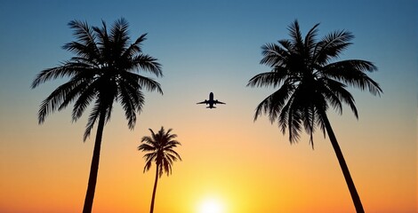 Fototapeta premium Airplane silhouette flying between palm trees at sunset, tropical landscape style, vibrant gradient sky background, concept of travel and summer journey, Ai generative