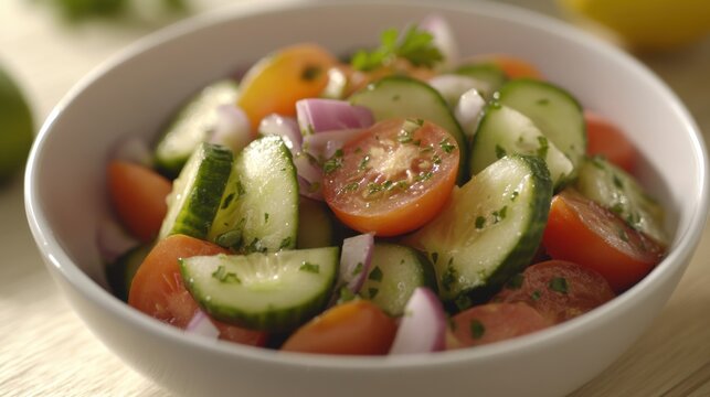 A fresh cucumber and tomato salad with red onion and lemon vinaigrette. Featuring lightness and freshness