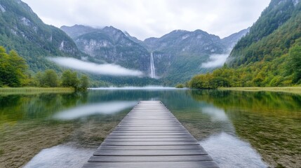Fototapeta premium Wooden Dock Mountain Lake Serenity High-resolution Still Water Landscape Tranquil View Mountainscape Peaceful Mood Calming Nature Photography extra details included