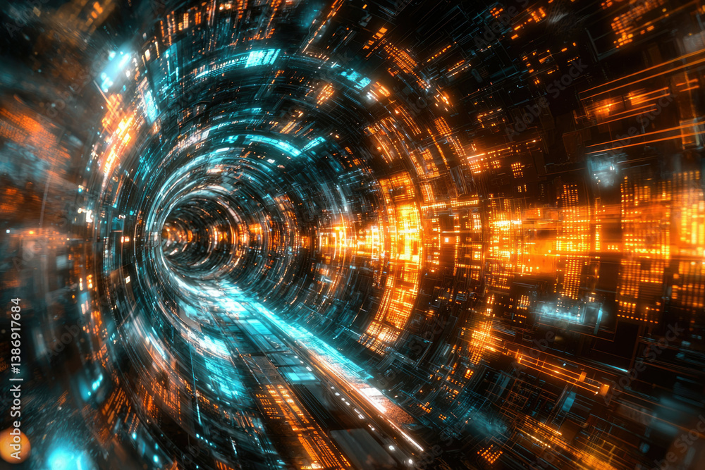 Poster a futuristic digital tunnel with vibrant orange and teal lights, depicting rapid data flow and techn