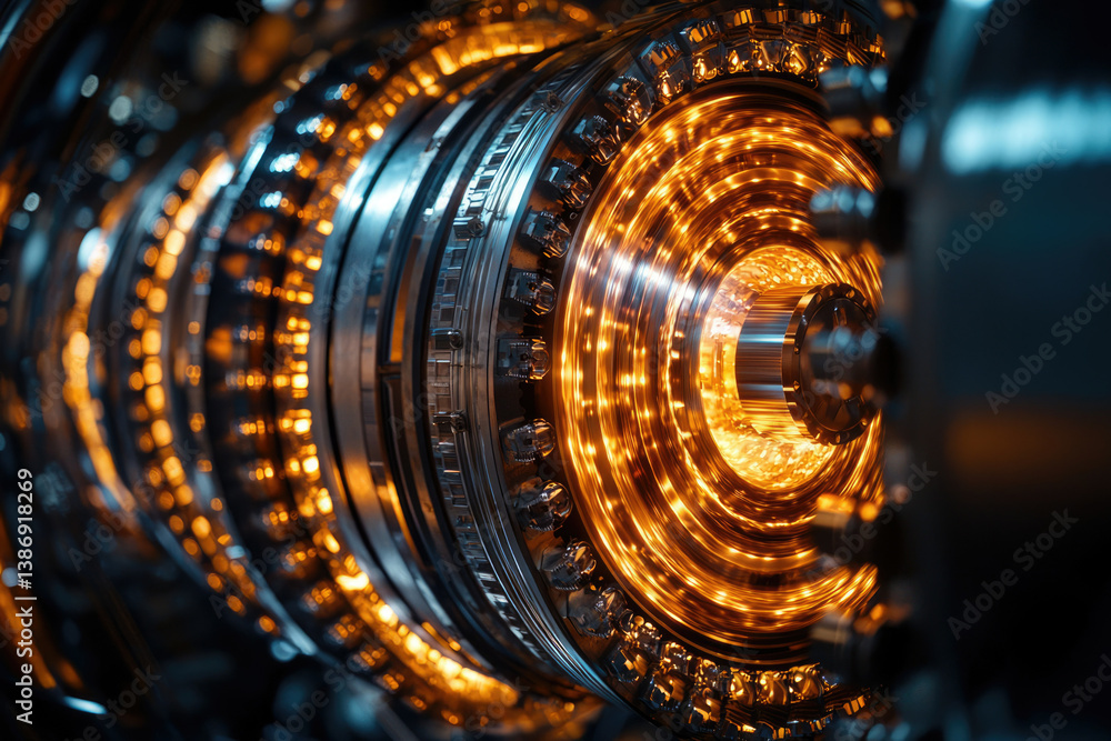 Poster Intricate machinery with glowing orange core, showcasing complex engineering and advanced technology.