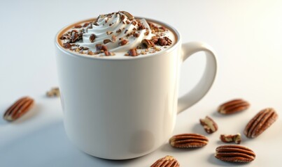 Pecan-topped latte in white mug, light background, autumn drink, cafe menu