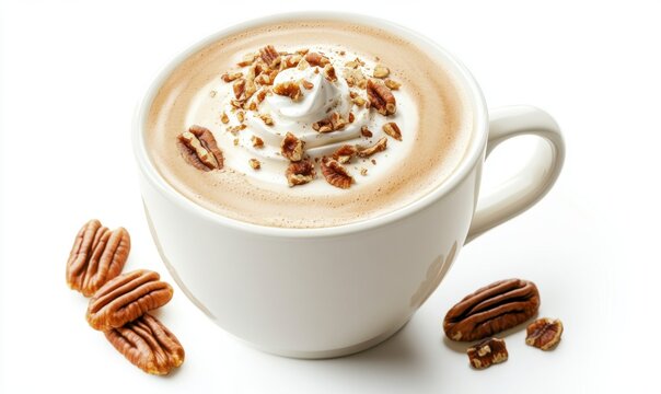 Pecan-topped latte in white mug, isolated; autumn drink, food blog, menu