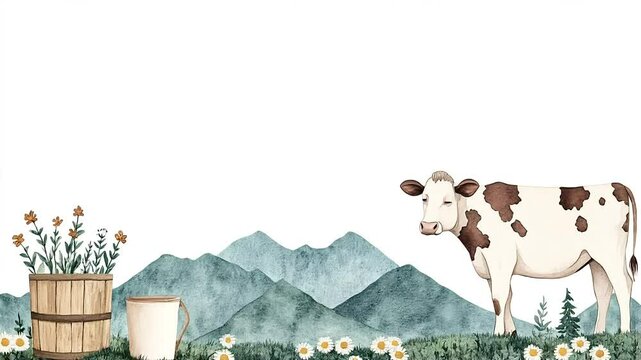 Scenic countryside with a cow grazing by mountains and flowers. World Milk Day