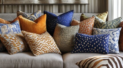 Assortment of colorful decorative pillows displayed on a sofa