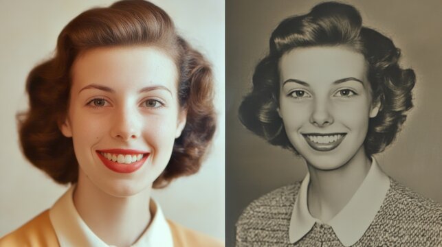 Vintage transformation, Colorized portrait alongside original monochrome