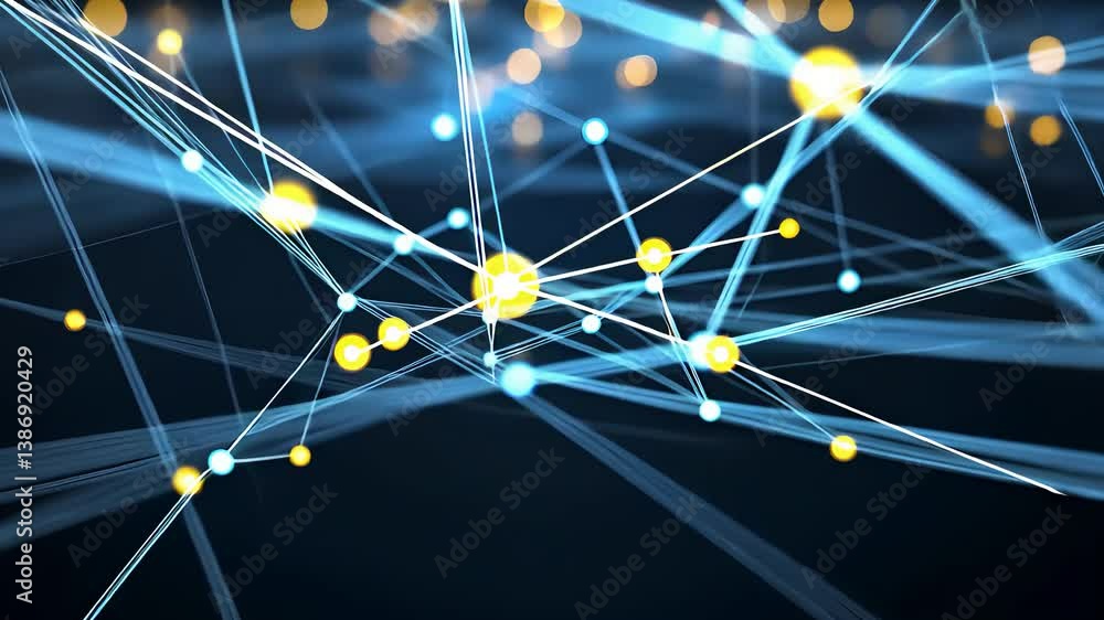 Poster abstract network of connected nodes and lines with bright yellow and blue highlights