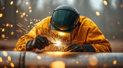 Man in a yellow jacket is welding a pipe. Concept of danger and risk, as the man is working with hot sparks and molten metal
