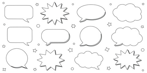Fototapeta premium Speech Bubble And Cloud Icons With Star And Circle Decorations In Line Art