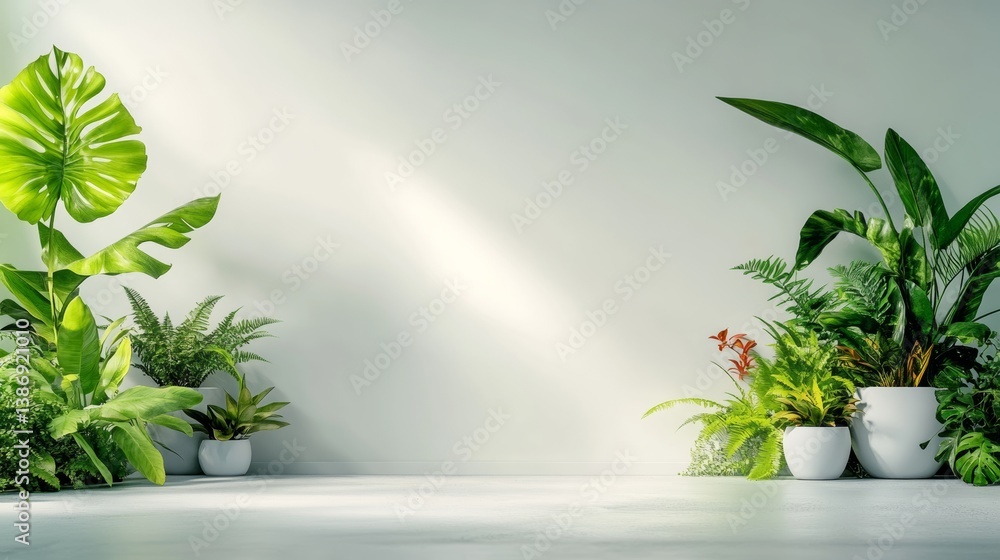 Poster white wall with a green background and a row of potted plants. the plants are arranged in a way that
