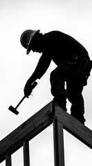 Construction Worker Silhouette Repairing Roof