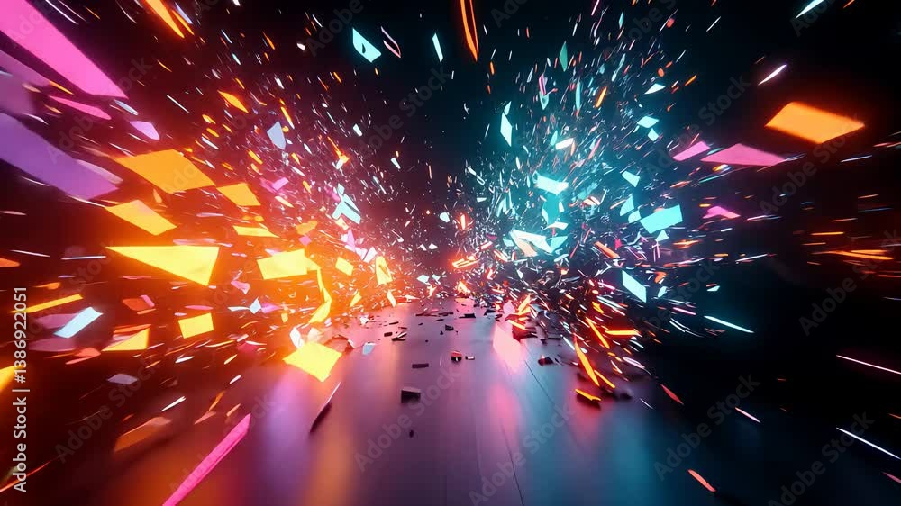 Poster explosive burst of colorful geometric shapes and lights in digital space