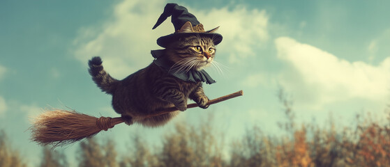 Obraz premium Halloween Cute Kitty Cat Witch Costume on Broomstuck Funny