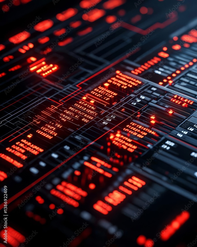 Aufkleber abstract digital circuit board with glowing red elements on a dark background.