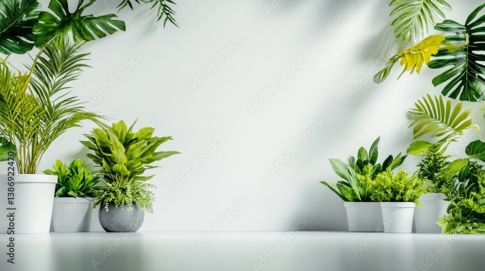 Poster white wall with a green background and a row of potted plants. the plants are arranged in a way that