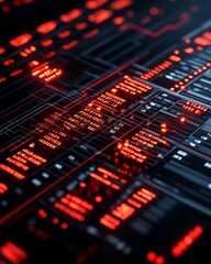 Abstract digital circuit board with glowing red elements on a dark background.