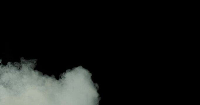 Smoke animation on a black background. Smoke, steam, explosion, fire, puff, steady vapors. Realistic abstract white smoke cloud from up and button with floating fog. Best for using in composition.