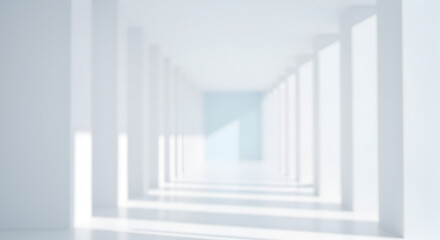 Fototapeta premium Blurred White Hallway with Geometric Columns and Sunlight in Modern Building Interior