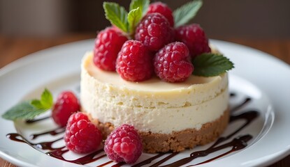 Plated cheesecake topped with raspberries and chocolate drizzle in natural light