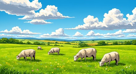 Fototapeta premium Tranquil Summer Day: Digital Painting of Sheep Grazing in a Lush Green Pasture AI Generated