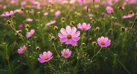 Fototapeta premium Pink Cosmos Field: Soft Light, Gentle Bloom AI Generated