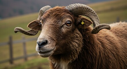 Naklejka premium Majestic Ram: A Portrait of Strength and Serenity in the Autumnal Pasture AI Generated